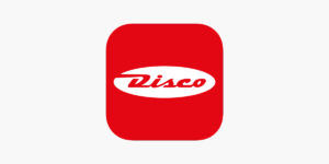 Icono de app DISCO fondo rojo y logotipo de Disco